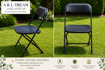 A black folding chair shown outdoors on a green lawn from two angles: one angled view on the left and one straight-on view on the right. The image includes branding for 'A & L DREAM party rentals' and feature icons at the bottom highlighting comfort, durability, and reliability.