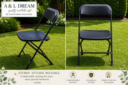A black folding chair shown outdoors on a green lawn from two angles: one angled view on the left and one straight-on view on the right. The image includes branding for 'A & L DREAM party rentals' and feature icons at the bottom highlighting comfort, durability, and reliability.
